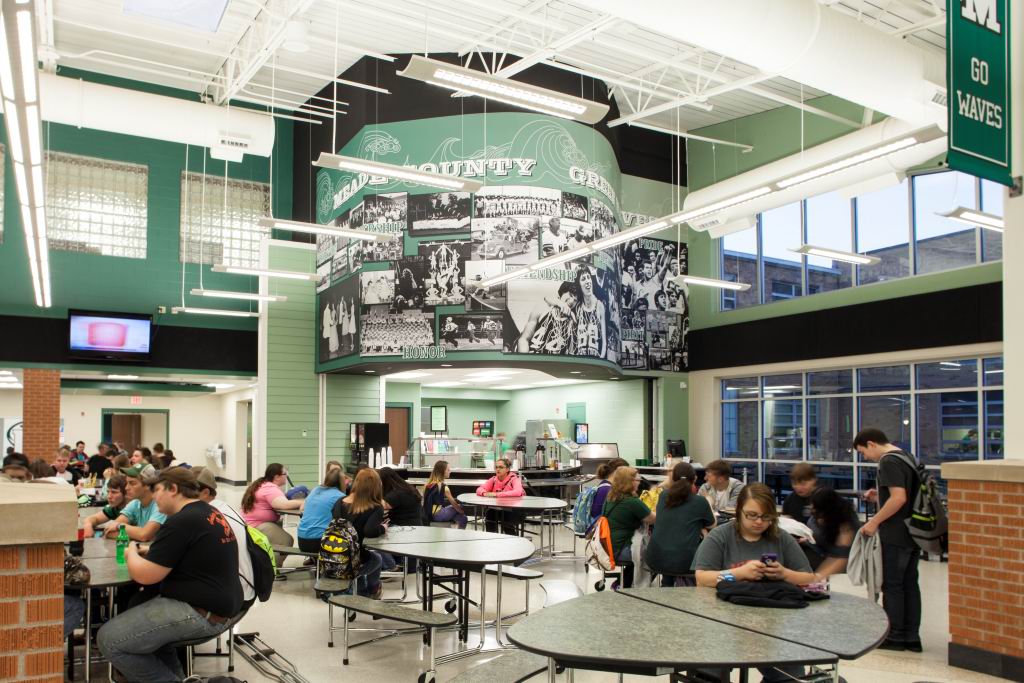 New cafeteria highlighting old yearbook photos to build a sense of community pride.