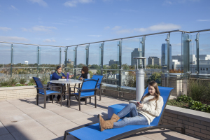 Rooftop patio with sweeping views of campus