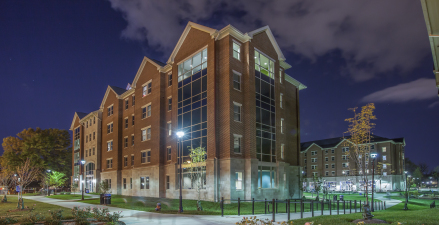 Haggin Hall at night with breathtaking views of central campus.