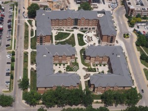 Aerial view of Haggin Hall, Lyman T Johnson, and Donvan Hall and the connected courtyards and amphitheater.
