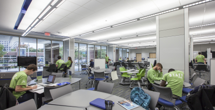 Highly customizable and electronically integrated with video monitors, the North Study is clad from floor to ceiling with high tech, modular DIRTT wall systems that makes every wall a writing surface.