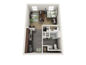 Studio Apartment - This 460 sq ft modern apartment is simple yet practical, with everything you need included in one place. The Studio Aparment is exclusive to the University Flats residence hall.