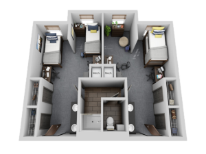 2 furnished, shared bedrooms with shared full bathroom. Contains individual sinks and closets for each resident.